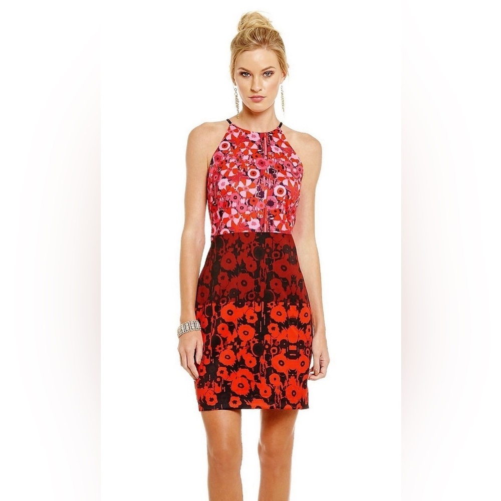 Badgley Mischka Belle Printed Halter Ombre Sailor Dress Red Pink Floral‎ Size 10